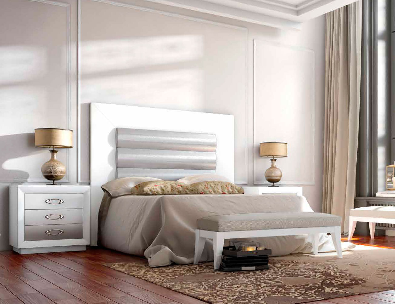 Dormitorio matrimonio neoclasico cabecero tapizado blanco