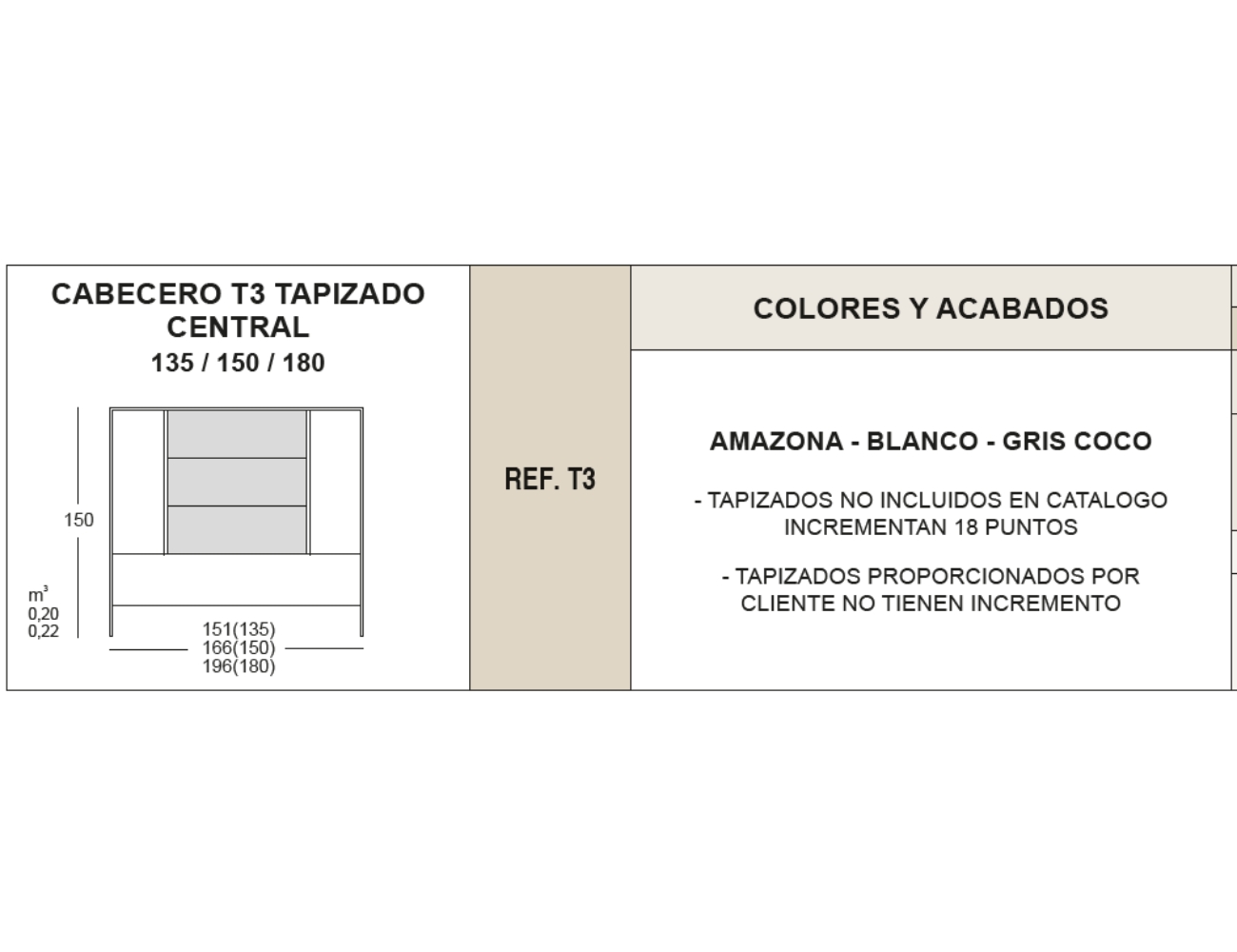 Cabecero t3 tapizado central 135 150 180