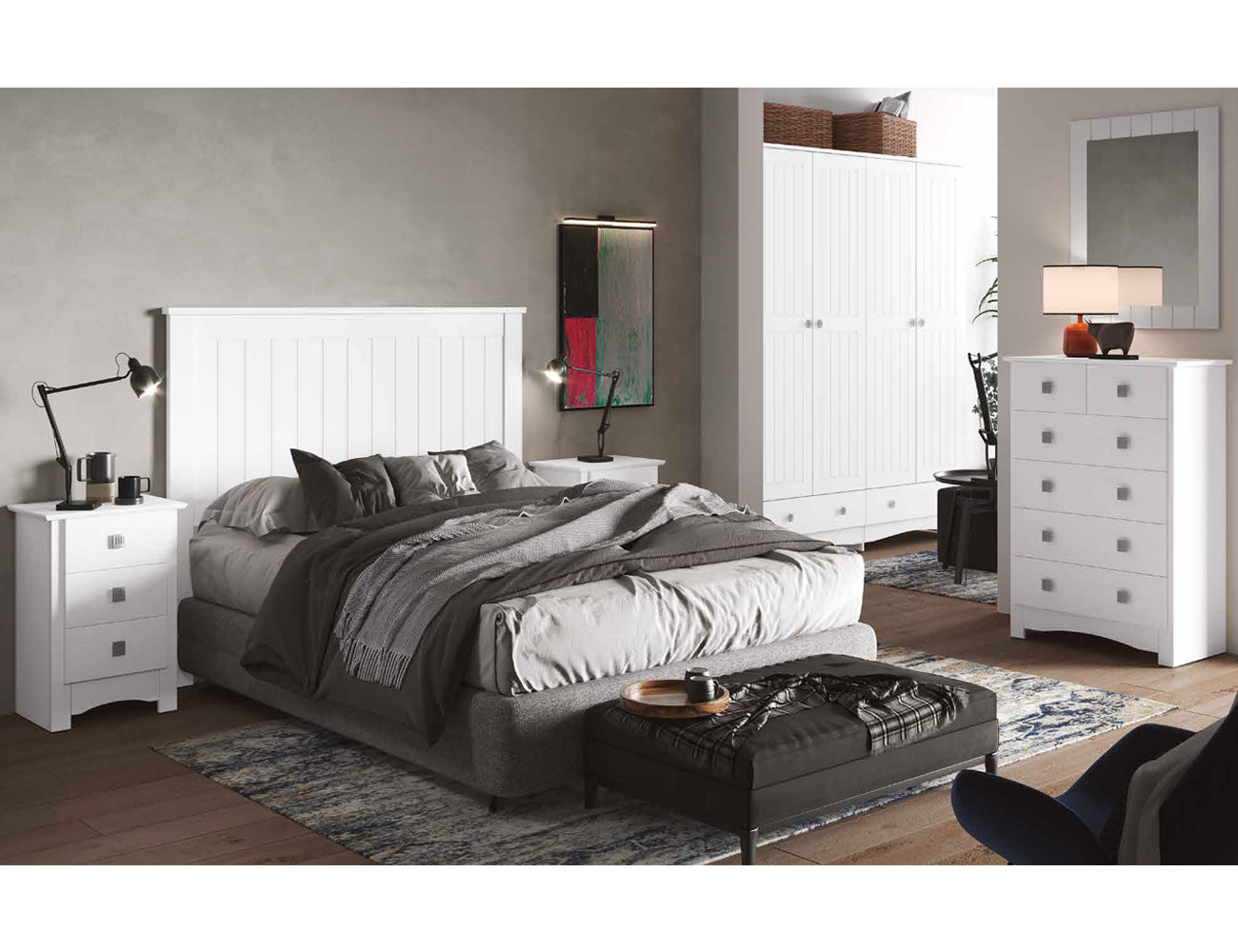Dormitorio de matrimonio con sinfonier de madera en color blanco lacado  (36665)