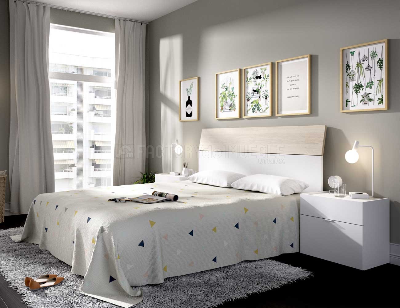 Habitación Matrimonio Completa en Color Roble y Blanco Estilo Nórdico  (Cama+cabecero+2 mesitas+cómoda)